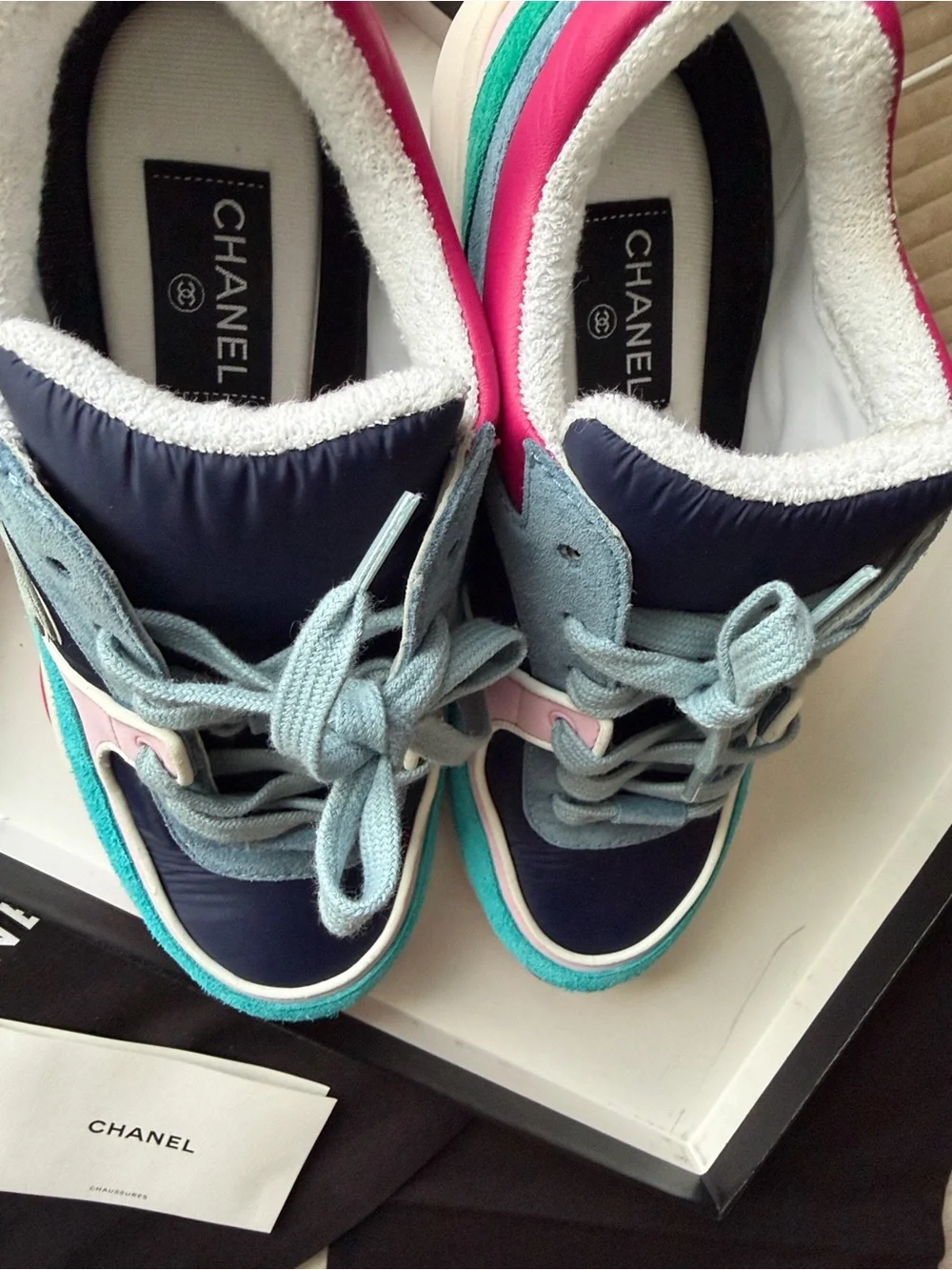 CHANEL Turquoise, Navy & Pink Suede Leather CC Logo Sneakers